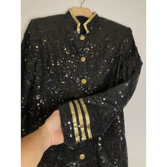Sandy Starkman Black Sequin Blazer Jacket M Gold Stripe Nautical Cruise Vintage - Picture 3 of 8